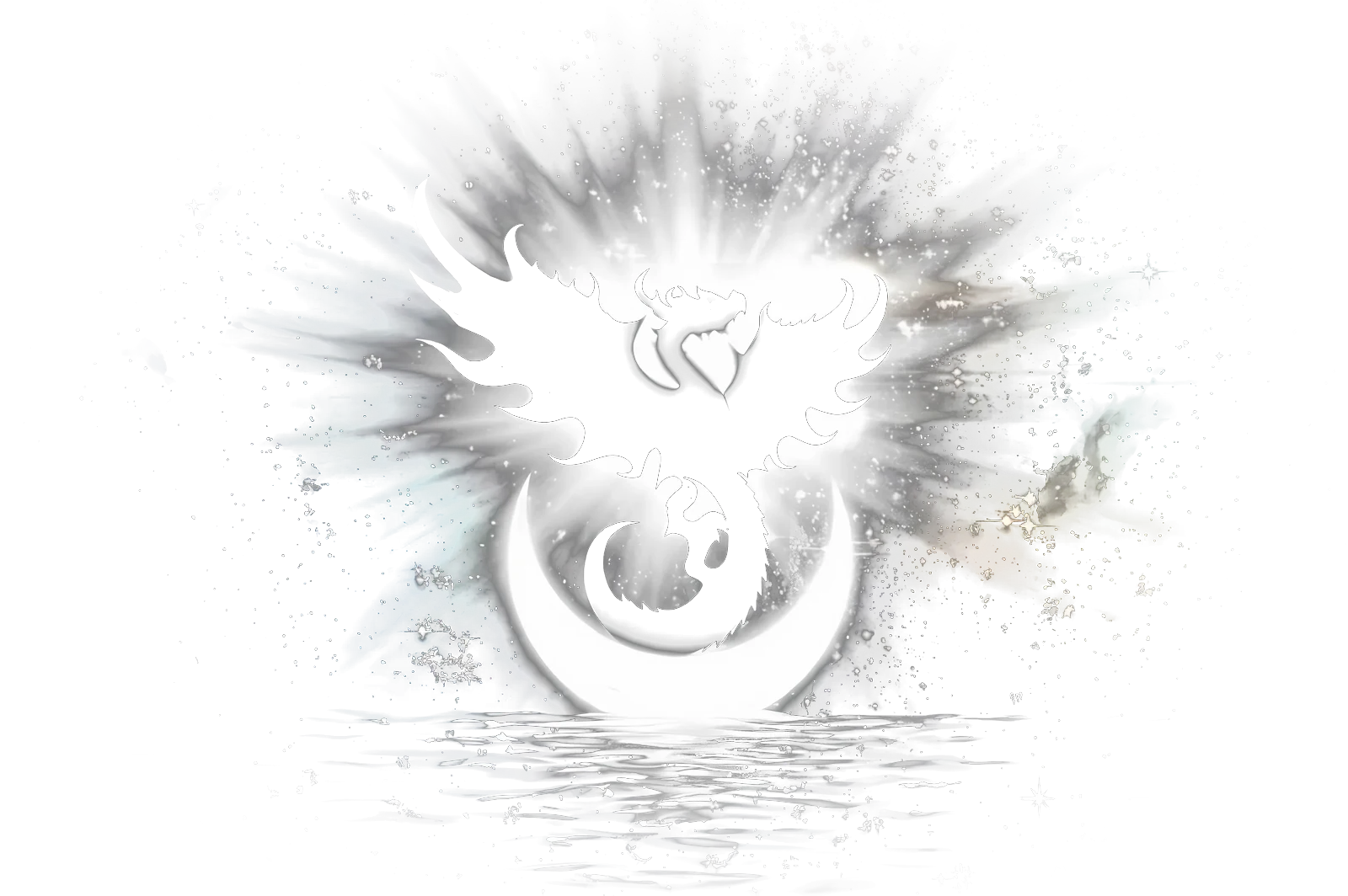 Dragon Light: a dragon in silhouette rising out of a glowing crescent moon over dark water